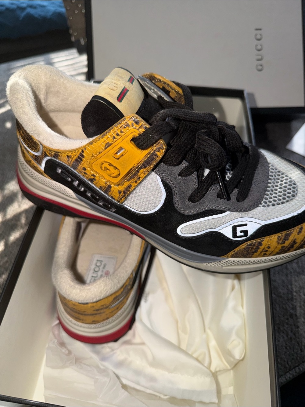 Gucci Black and Yellow Leather-Trim Sneakers - Picture 4 of 8